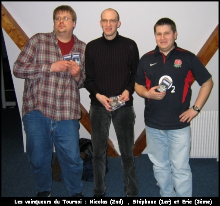 Les vainqueurs du Tournoi : Nicolas (2nd), Stéphane (1er) et Eric (3ème)